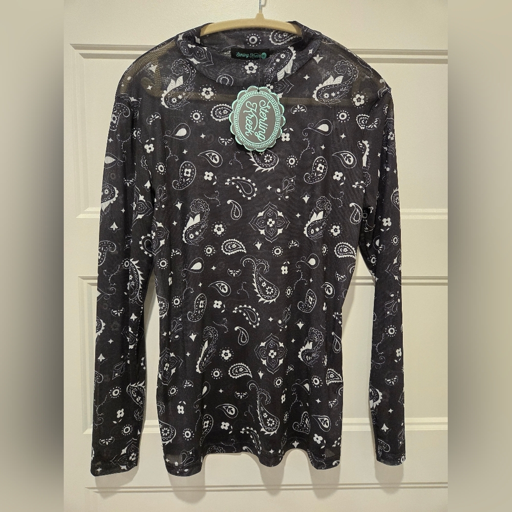 NWT Black Bandana Print Long Sleeve Mesh Top